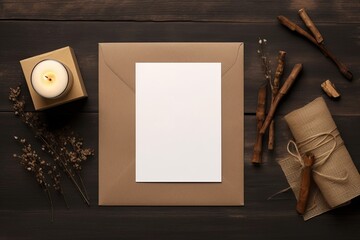 Blank white greeting card on black woodden background. Mockup presentation. advertisement. copy text space.