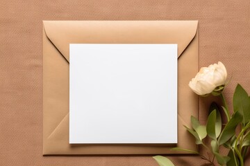Blank white greeting card with flower on background. Valentine's day-wedding. Mockup presentation. advertisement. copy text space.