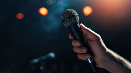Hand hold microphone master of ceremony speech to audience in event