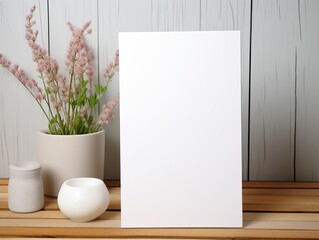 Blank white frame paper greeting card with flower on wooden background. Valentine's day-wedding. Mockup presentation. advertisement. copy text space.