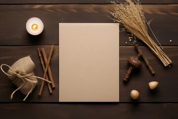 Blank brown greeting card paper on black woodden background. Mockup presentation. advertisement. copy text space.