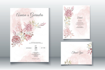 wedding invitation template set with dusty brown floral frame watercolor background Premium Vector