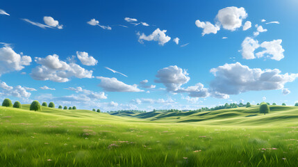Fototapeta premium Illustration background, Beautiful grassy fields and summer blue sky with fluffy white clouds in the wind