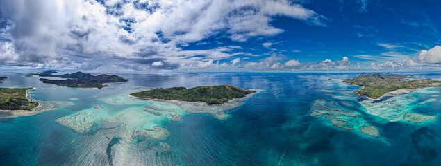 Aerial view above tropical coral reef on Island in Fiji in the Pacific Ocean