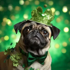 Foto op Plexiglas Pug dag fashion green costume on light golden bokeh background. St.Patrick’s Day. greeting card. presentation. advertisement. invitation. copy text space. © CassiOpeiaZz