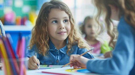 Happy little girl learning to draw with a colour pencil in an elementary art class. Primary school kid talking to her teacher as she receives quality education in a positive learning environment.