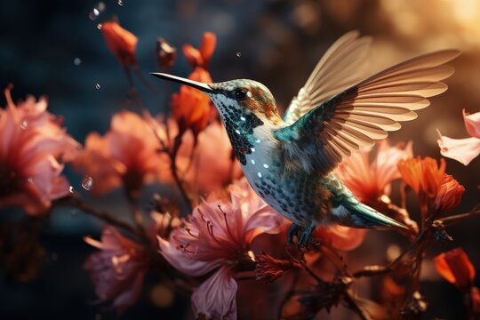 A tiny hummingbird hovering near a flower