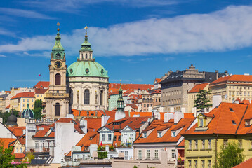 Prague Czech Republic, high angle view city skyline at Prague old town and St. Nicholas Church, Czechia - 723517621