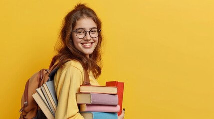 Happy teen student lady with backpack in glasses hold many books, enjoy study, learn, isolating on yellow studio background. Education at university, lifestyle, project, homework and library