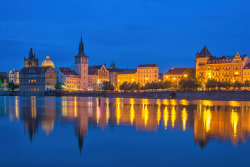 Obraz premium Prague Czech Republic, night city skyline at Charles Bridge and Vltava River, Czechia