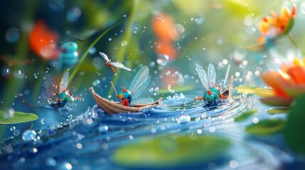 Cartoon scene A team of tiny explorers bravely navigating a river made of droplets and fending off sneaky dragonflies with their tiny oars.