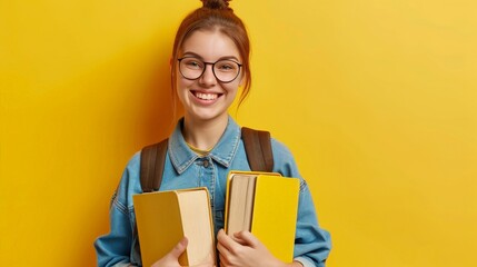 Happy teen student lady with backpack in glasses hold many books, enjoy study, learn, isolating on yellow studio background. Education at university, lifestyle, project, homework and library - Powered by Adobe