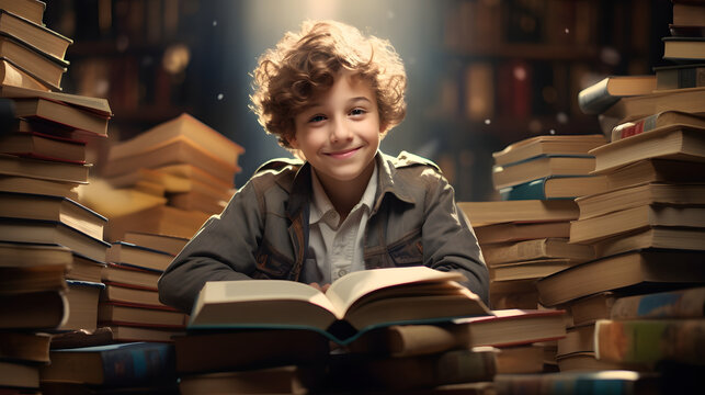 Illustration Boy Reading Books, Happy Literacy Day