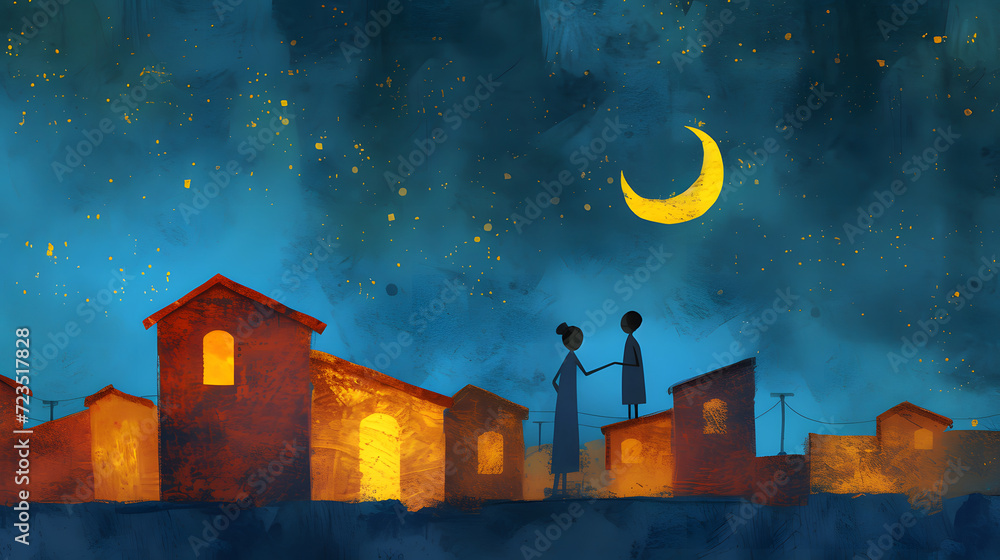 Fototapete Capture the anticipation and excitement of the moon sighting during Ramadan. Illustrate families on rooftops or in open spaces, eagerly looking for the crescent moon that marks the beginning of Eid