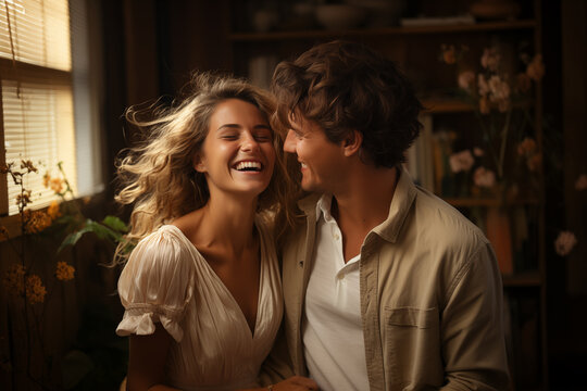 Vintage style young smiling couple spending a lovely time together