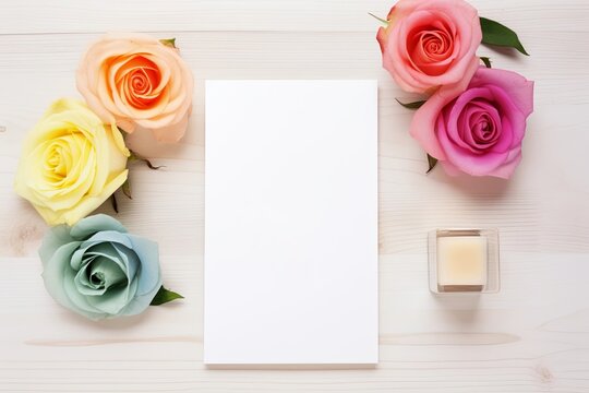 Blank white paper greeting card with colorful rainbow roses flower on bright wooden background. Valentine's day-wedding. Mockup presentation. advertisement. copy text space.