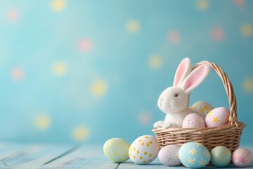 Easter background. easter eggs in basket and bunny on wooden table. holiday concept.