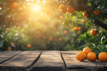 Empty wooden table on orange garden background. Summer mock up for design and product display.