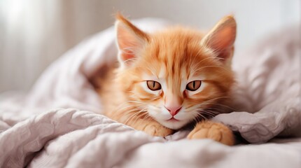 A white kitten sleeps on the couch, covered with a knitted blanket. Pet. Sleep and a relaxing nap. A pet cute kitten, the concept of caring and loving for a pet