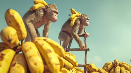 As one monkey stands on the others shoulders they attempt to balance a ladder awkwardly against the banana pile just out of reach. - obrazy, fototapety, plakaty