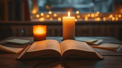 Image of an open book on a desk, surrounded by scattered notes and a lit candle. 