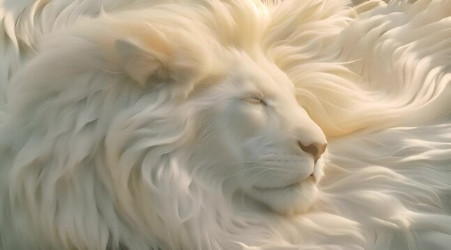 a close up of a white lion with its eyes closed