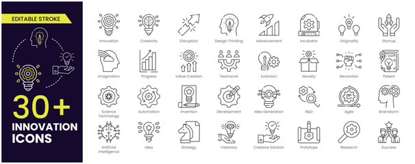Innovation Stroke icon set. Containing creativity, invention, prototype, Design Thinking, Brainstorm, visionary, idea generation, agile, revolution and more. Editable Stroke line icons collection.