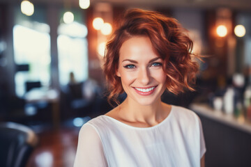Confident Professional Woman with a Bright Smile in Business Casual Attire at a Stylish Restaurant. Corporate Lifestyle and Success