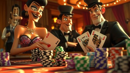 Cartoon scene A pair of playing cards dressed in fancy tuxedos and evening gowns trying to sneak chips out of a stack while the rest of the royal flush gang is busy - obrazy, fototapety, plakaty