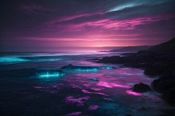 Fototapeta na wymiar Mystical Ocean Sunset: Vibrant Colors Illuminate Waves and Rocky Shoreline