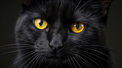 Intense gaze of a black cat with striking yellow eyes. AI Generative.
