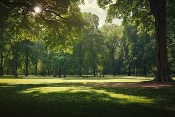 Capture the essence of a serene park with green trees and dappled sunlight providing a peaceful atmosphere that resonates with nature. AI generative.