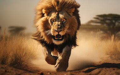 Un lion courant dans la savane africaine - obrazy, fototapety, plakaty