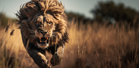 L'attaque d'un lion courant dans la savane africaine, image avec espace pour texte. - obrazy, fototapety, plakaty