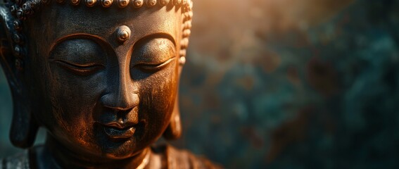 Close-up of a Buddha statue's face, bathed in warm golden light, exuding a sense of calm and spirituality. - obrazy, fototapety, plakaty