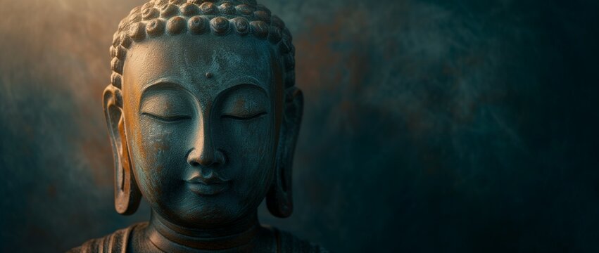 Close-up of a Buddha statue's face, bathed in warm golden light, exuding a sense of calm and spirituality.