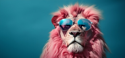 Le portrait humoristique d'un lion avec des lunettes de soleil, sur fond bleu, image avec espace pour texte. - obrazy, fototapety, plakaty