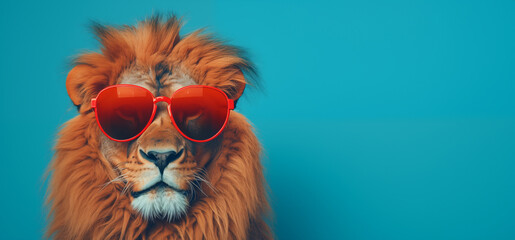 Le portrait humoristique d'un lion avec des lunettes de soleil, sur fond bleu, image avec espace pour texte. - obrazy, fototapety, plakaty