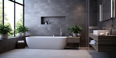 Modern bathroom with separate bathtub. - obrazy, fototapety, plakaty