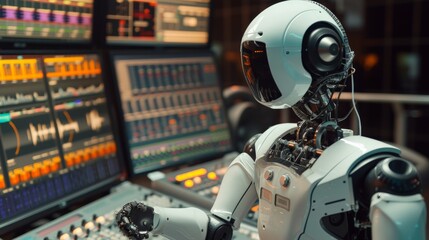 Humanoid AI robot working at the radio station studio, artificial intelligence and entertainment concept