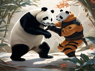 Cat and panda are discussing. Animated animal book cover.
