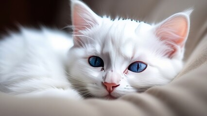 Cute white kitten sleeps on the couch at home, the concept of caring and loving for a pet cat, the kitten is resting at home
