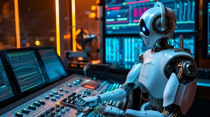 Humanoid AI robot working at the radio station studio, artificial intelligence and entertainment concept