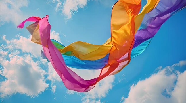 a rainbow colored scarf flying in the sky