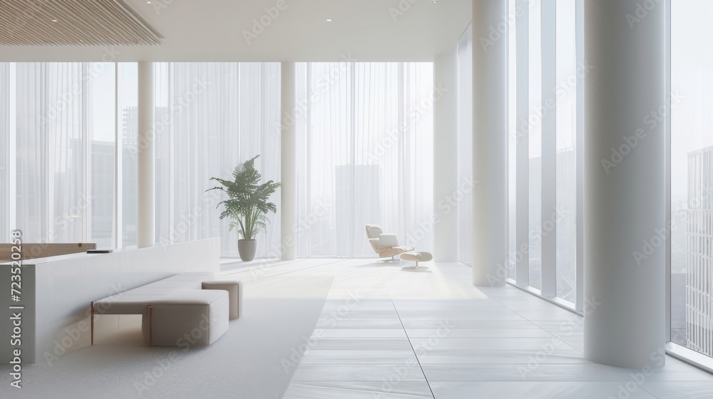 Poster an allwhite office with floortoceiling windows allowing for plenty of natural light and a designated