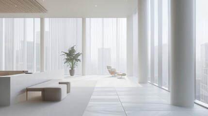 An allwhite office with floortoceiling windows allowing for plenty of natural light and a designated corner for meditation and breathing exercises.