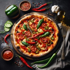 spicy pizza with a fork on a dark wooden board, Spicy Pizza Dish, spicy pizza
