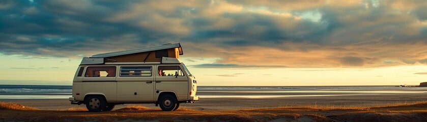 Camper Van Freedom, capture a camper van parked by the beach or in a scenic location, background image generative AI