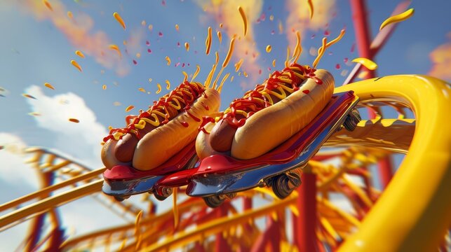 A pair of hot dogs giddily holding hands as they ride the loopdeloop on a roller coaster shaped like a giant hot dog cart with ketchup and mustard splattering out behind them.