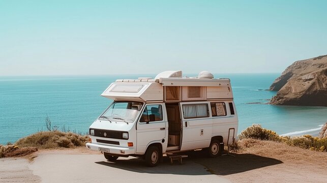Camper Van Freedom, capture a camper van parked by the beach or in a scenic location, background image generative AI